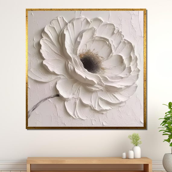 3D Floral Wall Art: Textured White Flower Canvas, Minimalist Bloom Painting