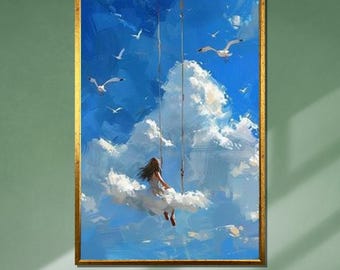 Dreamy Cloud Swing Art Print, Girl Swinging in the Sky, Whimsical Wall Art