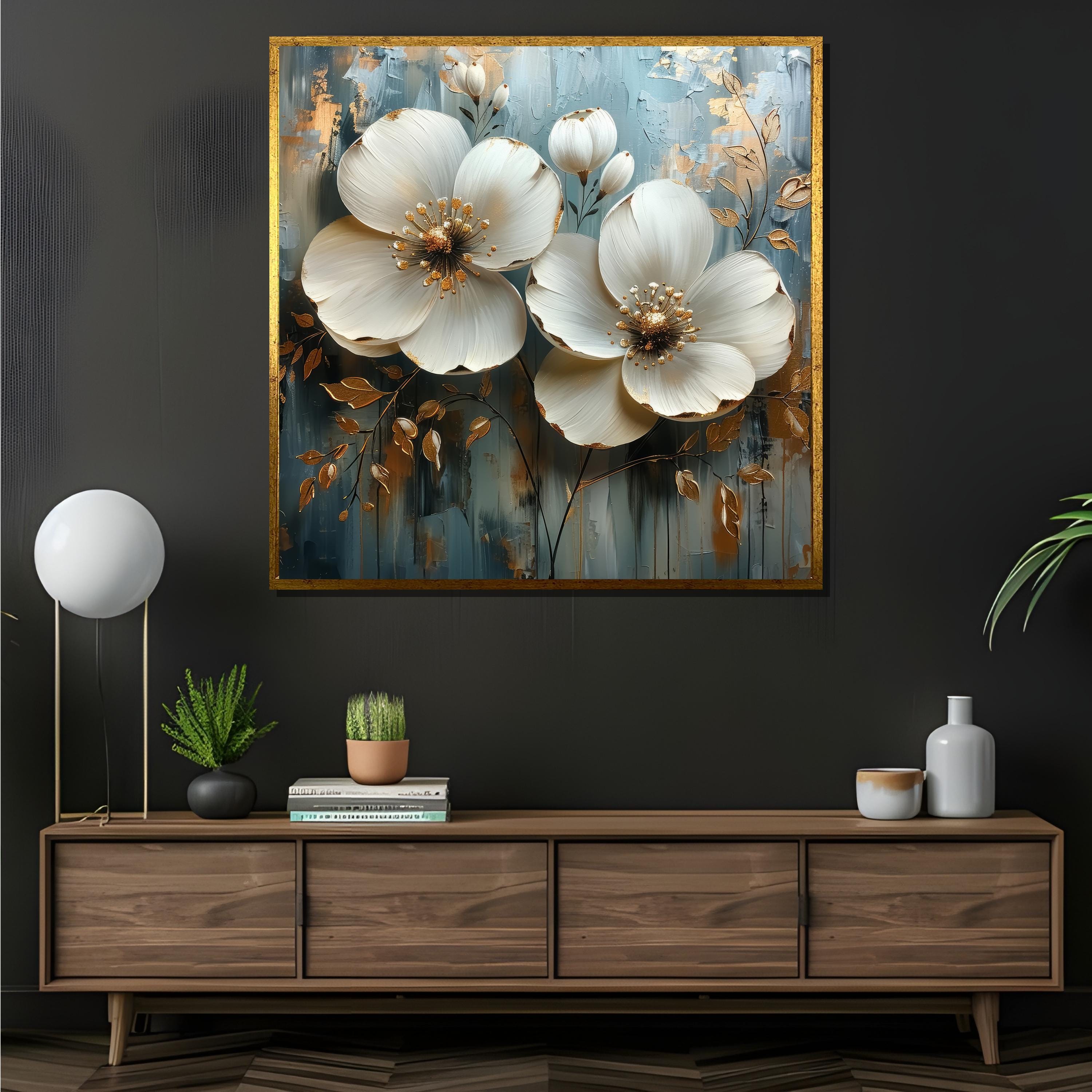 Golden Floral 3D Canvas Art: Elegant White Flower Textured Painting - Etsy