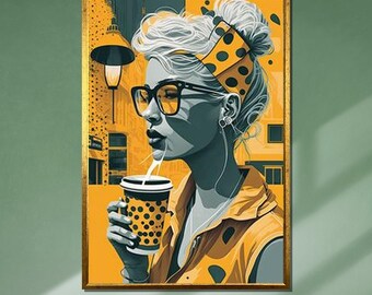 Retro Woman Pop Art Canvas: Polka Dot Urban Wall Decor