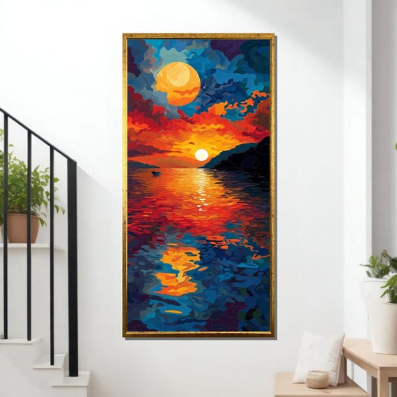 Dual Sun Sunset Canvas: Abstract Coastal Wall Art, Ready to Hang
