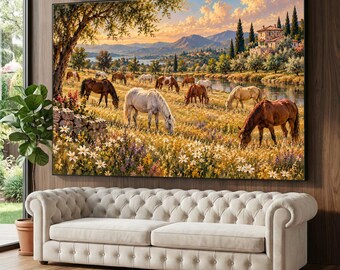 Tranquil Horses Grazing, Countryside Meadow Canvas, River Landscape Wall Art, Rustic Farm Scene, Nature Canvas Decor