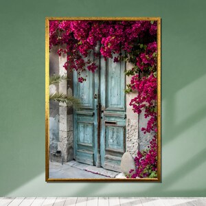 Bougainvillea Canvas Print: Rustic Mediterranean Door, Floral Wall Art