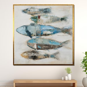 Tela astratta di pesce, arte minimalista dell'oceano, decorazione murale costiera, dipinto moderno di vita marina, opera d'arte pronta da appendere