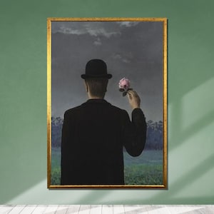 Magritte-Inspired "The Son of Man" Art, Surrealist Man with Rose Canvas, Dreamlike Wall Decor, Ready to Hang
