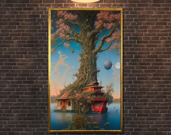 Enchanted Treehouse Canvas: Surreal Fantasy Landscape Art, Ready to Hang
