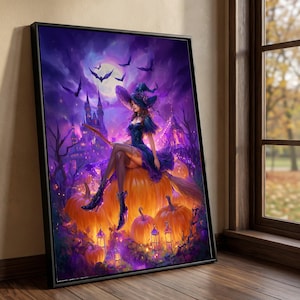 Halloween Witch Canvas, Spooky Pumpkin Patch Wall Art, Magical Night Scene