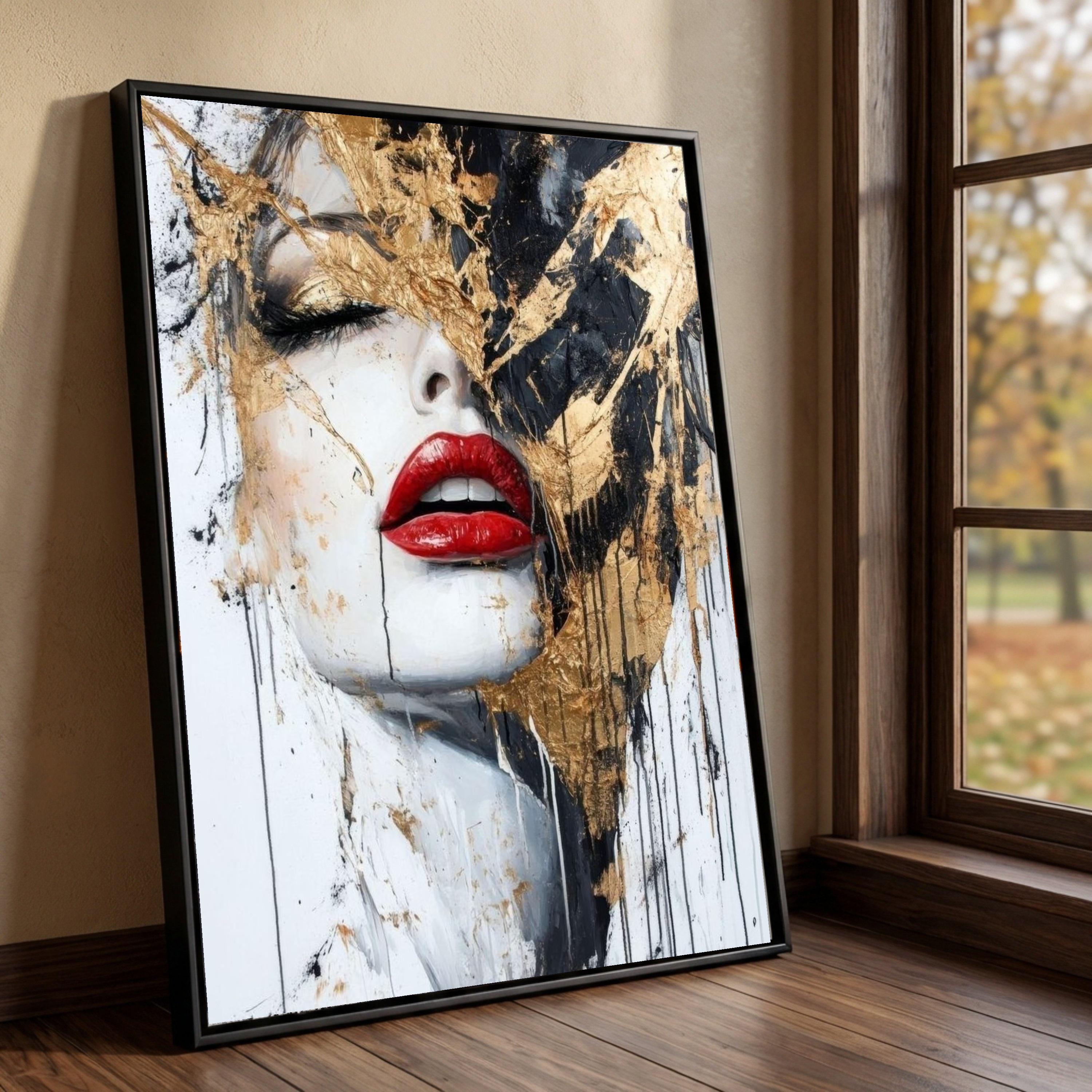 Gold Leaf Red Lips Portrait Canvas, Modern Glam Wall Art - Etsy