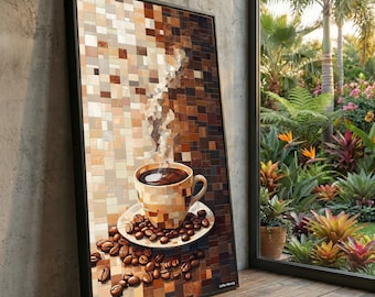 Mosaic Coffee Cup Canvas, Modern Kitchen Wall Art