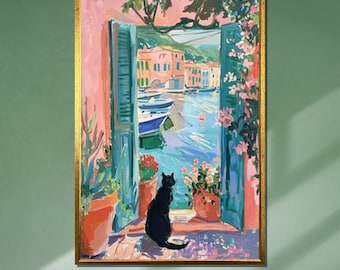 Matisse Style Cat Leinwanddruck: Mittelmeer Blick auf das Meer