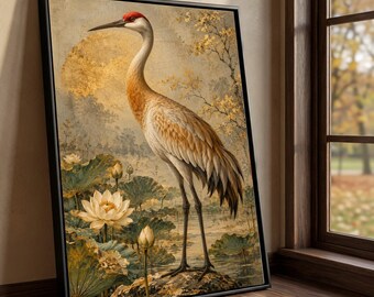 Elegant Crane Bird Canvas, Lotus Pond Wall Art, Asian Nature Scene, Tranquil Wildlife Canvas, Vintage Style Home Decor