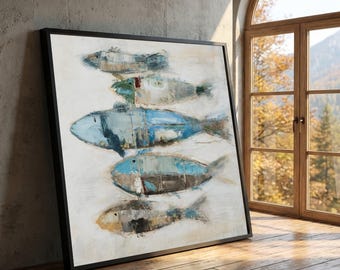 Lienzo abstracto de peces: pintura minimalista de la vida marina costera