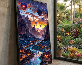 カラフルな室内風景 イラストキャンバス 熱気球のキャンバスプリント、山村の夕日、風景画 - Etsy 日本