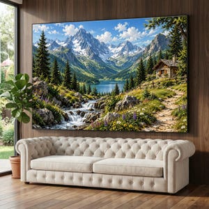 May include: A large rectangular wall art print depicting a mountain landscape with a snow-capped peak, a blue lake, a flowing stream, evergreen trees, and a small stone cabin. The scene includes a dirt path, wildflowers, and rocky terrain.
