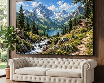 Mountain Lake Landscape Canvas, Rustic Cabin Wall Art, Alpine Nature Scene, River Stream Canvas, Wildflower Meadow Decoration