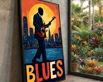 Canvasprint bluesgitarist, jazzmuzikant, muurkunst stedelijke skyline
