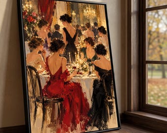 Elegant Evening Soirée Canvas, Women in Dresses Wall Art, Glamorous Dinner Party Scene, Luxury Event Canvas, Chic Home Decoration