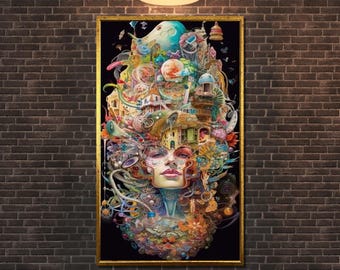 Surreal Dreamscape Collage, Abstract Face Art, Psychedelic Canvas, Ready to Hang Wall Decor