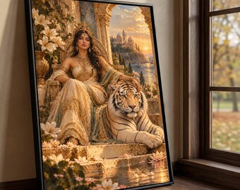 Regal Woman with Tiger Canvas, Exotic Royalty Wall Art, Majestic Animal Decor, Fantasy Landscape Canvas, Luxury Home Decoration