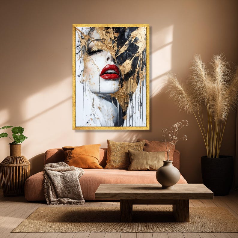 Gold Leaf Red Lips Portrait Canvas, Modern Glam Wall Art - Etsy
