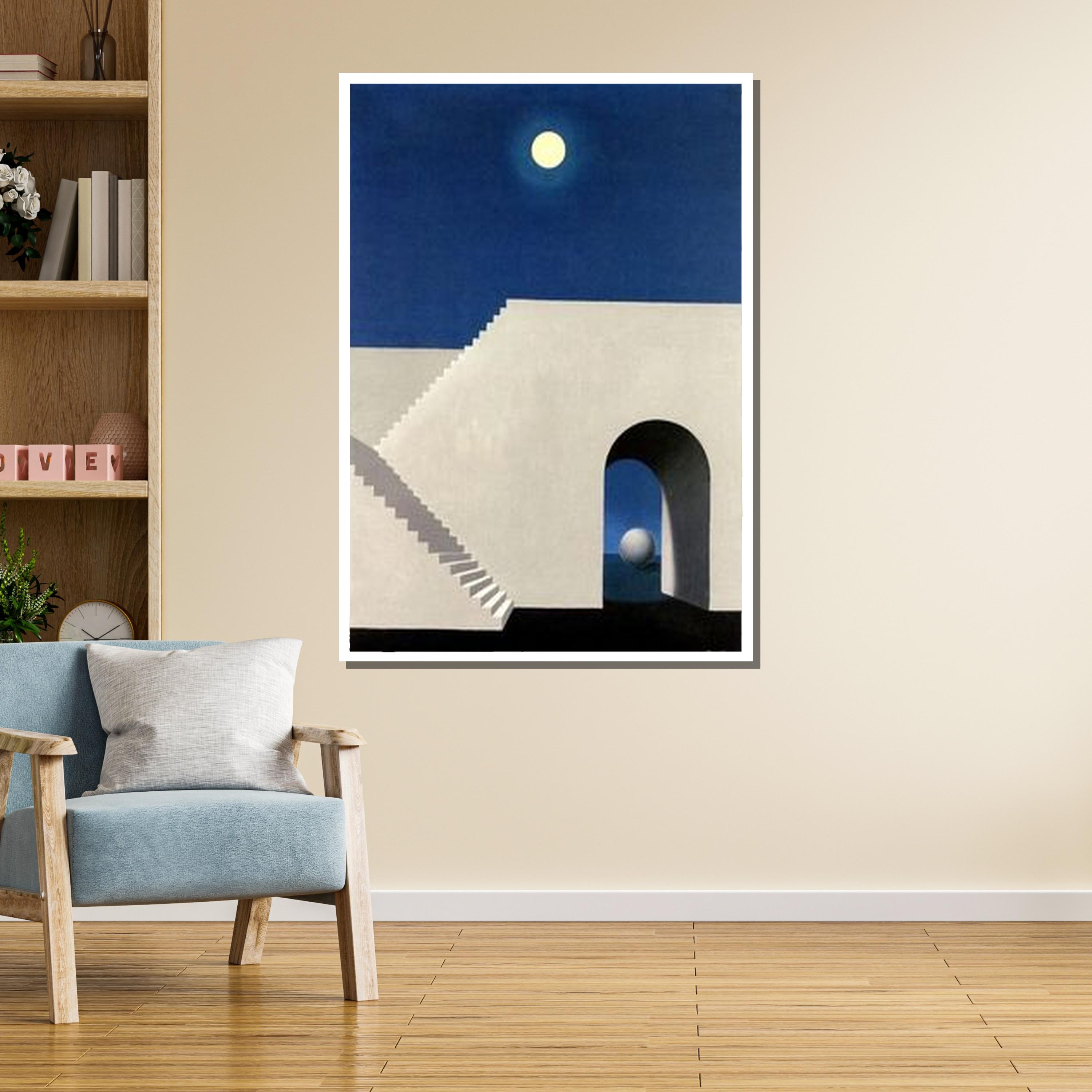 ルネ・マグリットの階段キャンバス：シュールな月光のミニマリスト