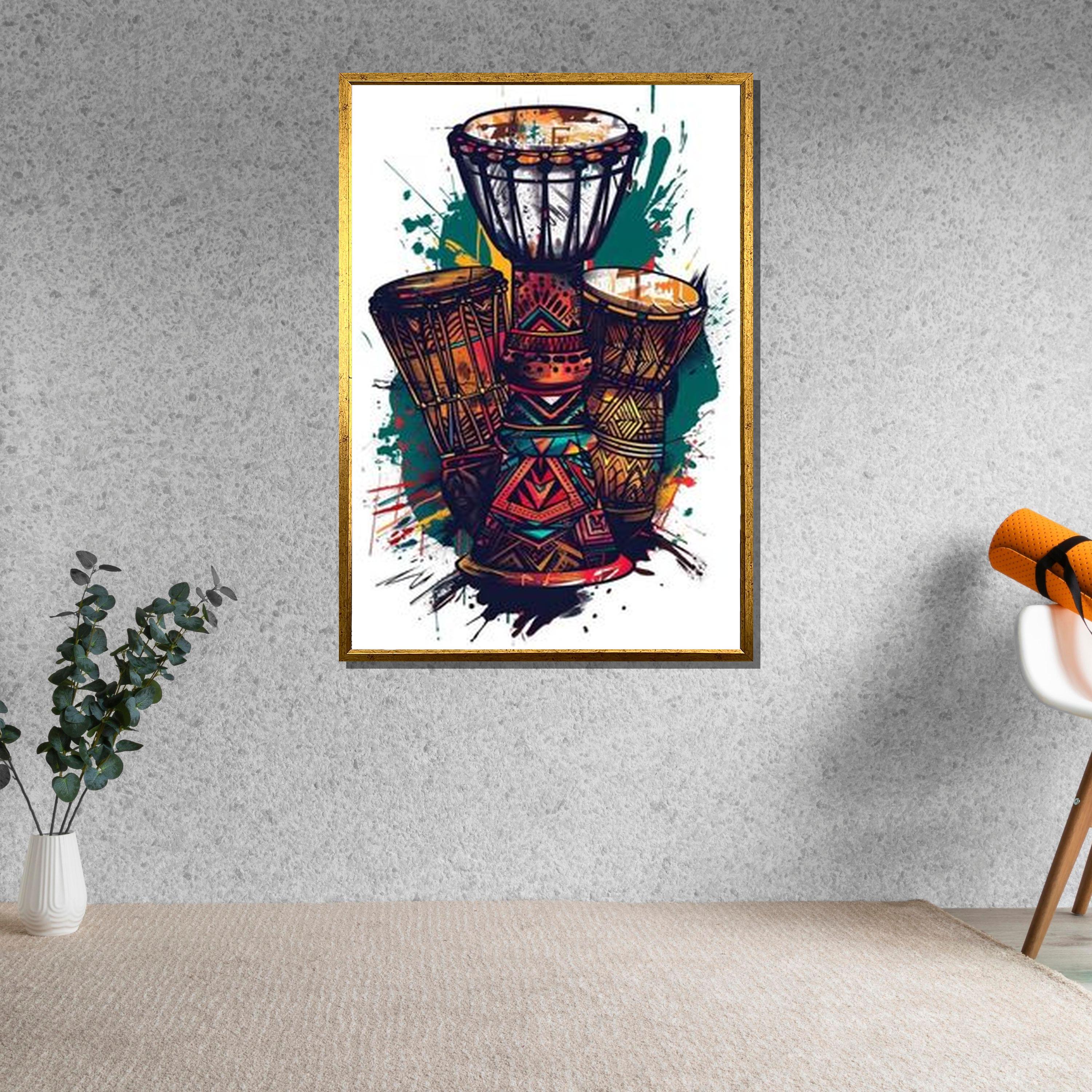Tapis Mural/tapestry Vintage Art Tribal Africain Tambours - 54x38 Pouces - Occasion