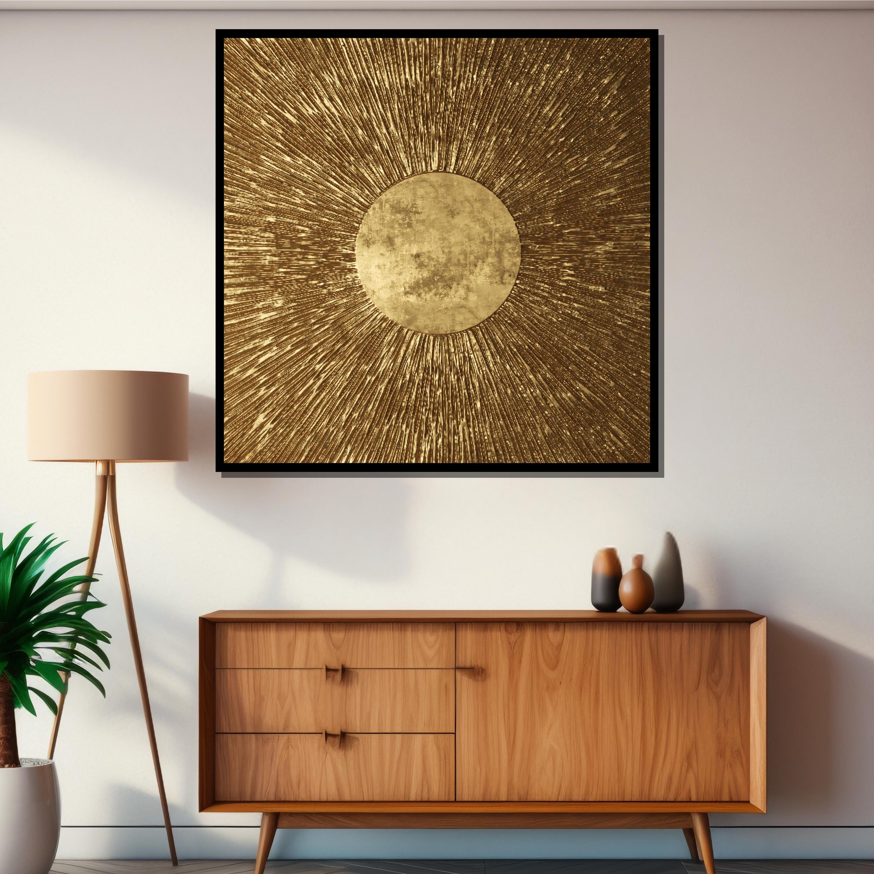 Golden Sunburst Canvas Wall Art: Metallic Textured Statement Piece