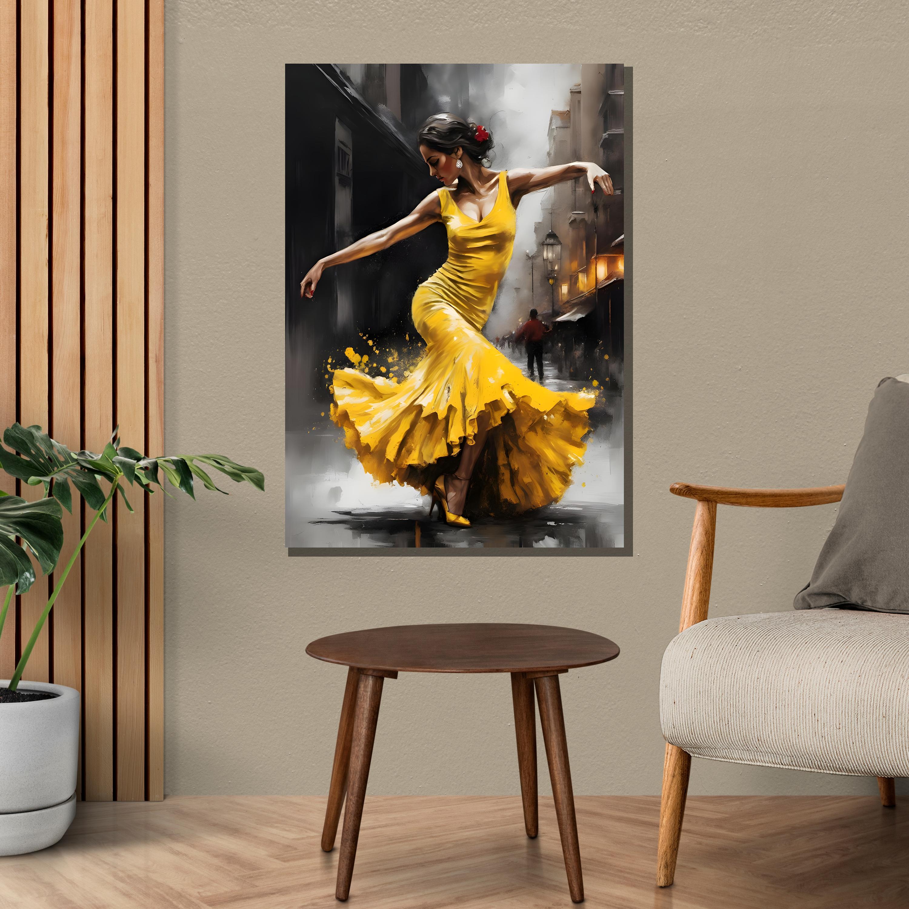フラメンコダンサーのキャンバス：スペイン舞踊アート、黄色のドレス