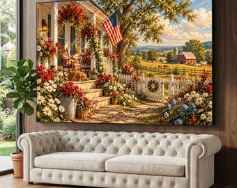 Cozy Country Porch Scene Canvas, American Flag Wall Art, Floral Garden Decor, Rustic Farmhouse View, Home Landscape Canvas