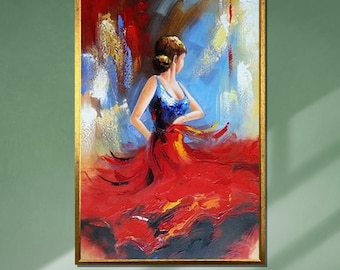Flamenco Dancer Canvas, Passionate Spanish Dance Art, Red Dress Wall Print, Elegant Flamenco Painting