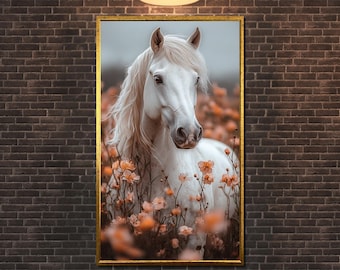White Horse Canvas Print: Floral Equine Wall Art, Ready to Hang