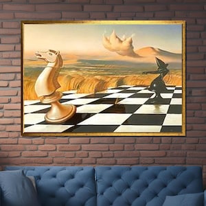 Surreal Chess Battle Print, Surrealist Chessboard Art, Dreamlike Knight- Bishop Canvas, Chess-Inspired  Scene, Ready to Hang Wall Decor