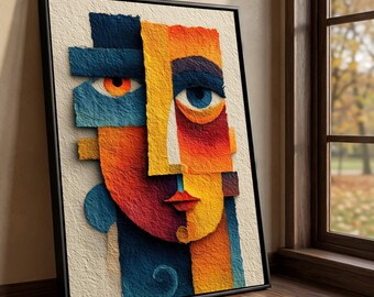 Modern Abstract Face Canvas Art, Geometric Colorful Portrait