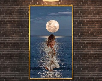 Moonlit Woman Canvas Art: Dreamy Ocean Scene, Ready to Hang