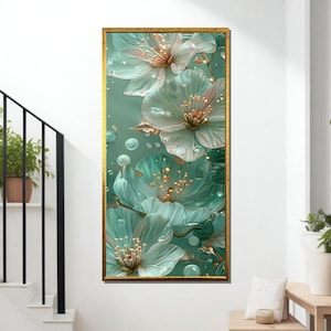Teal Floral Canvas Art, Elegant 3D Flower Wall Print, Aqua Bloom Botanical Design, Modern Floral Artwork, Soft Petal Decorative Canvas
