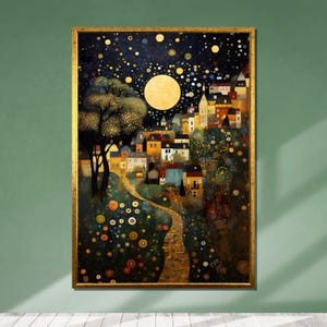 Klimt-Inspired Starry Village Canvas, Gustav Klimt Art Style, Dreamy Night Landscape, Whimsical Moonlit Village Art, Ready to Hang Decor