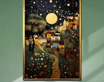 Klimt-inspiriertes Sternendorf Leinwand: Verträumte Landschaft im Mondschein