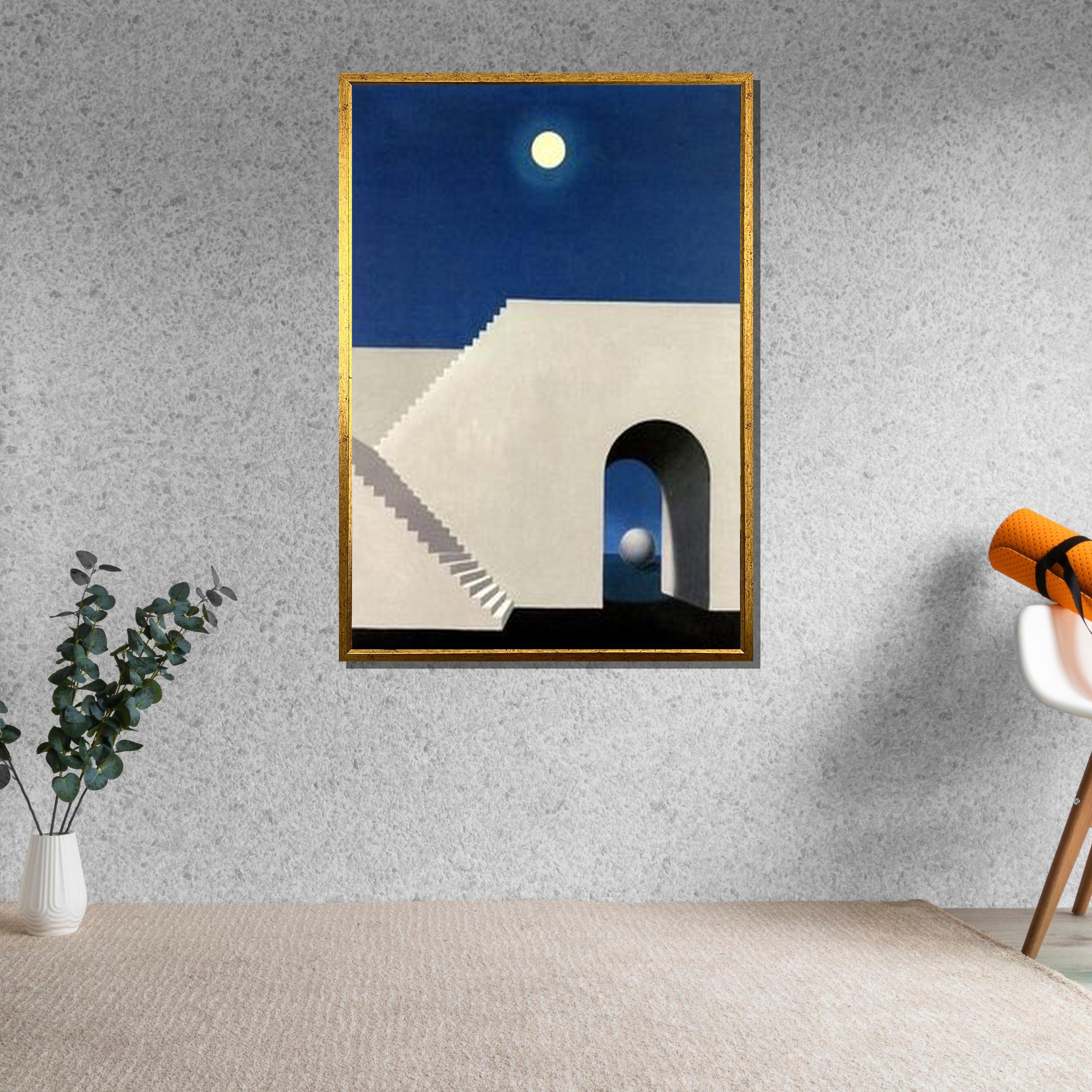 ルネ・マグリットの階段キャンバス：シュールな月光のミニマリスト