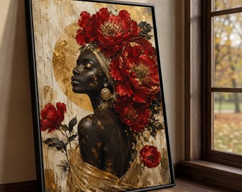 African Woman Portrait Canvas, Red Peony Floral Wall Art, Gold Accent Decor