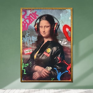 Urban Mona Lisa Graffiti Canvas, Modern Pop Art Mona, Street Art with Headphones, Trendy Wall Art, Ready to Hang Decor