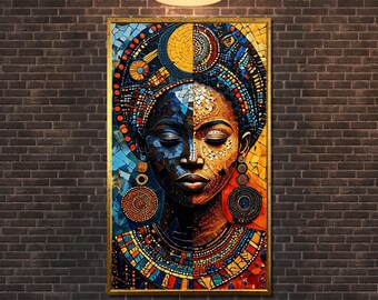 African Queen Mosaic Art: Beaded Ethnic Canvas Portrait