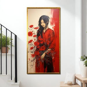 Red Kimono Lady Canvas, Floral Asian Art Print, Japanese Woman with Poppies, Ready to Hang Wall Decor