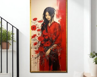 Red Kimono Japanese Woman Canvas Print: Floral Asian Wall Art