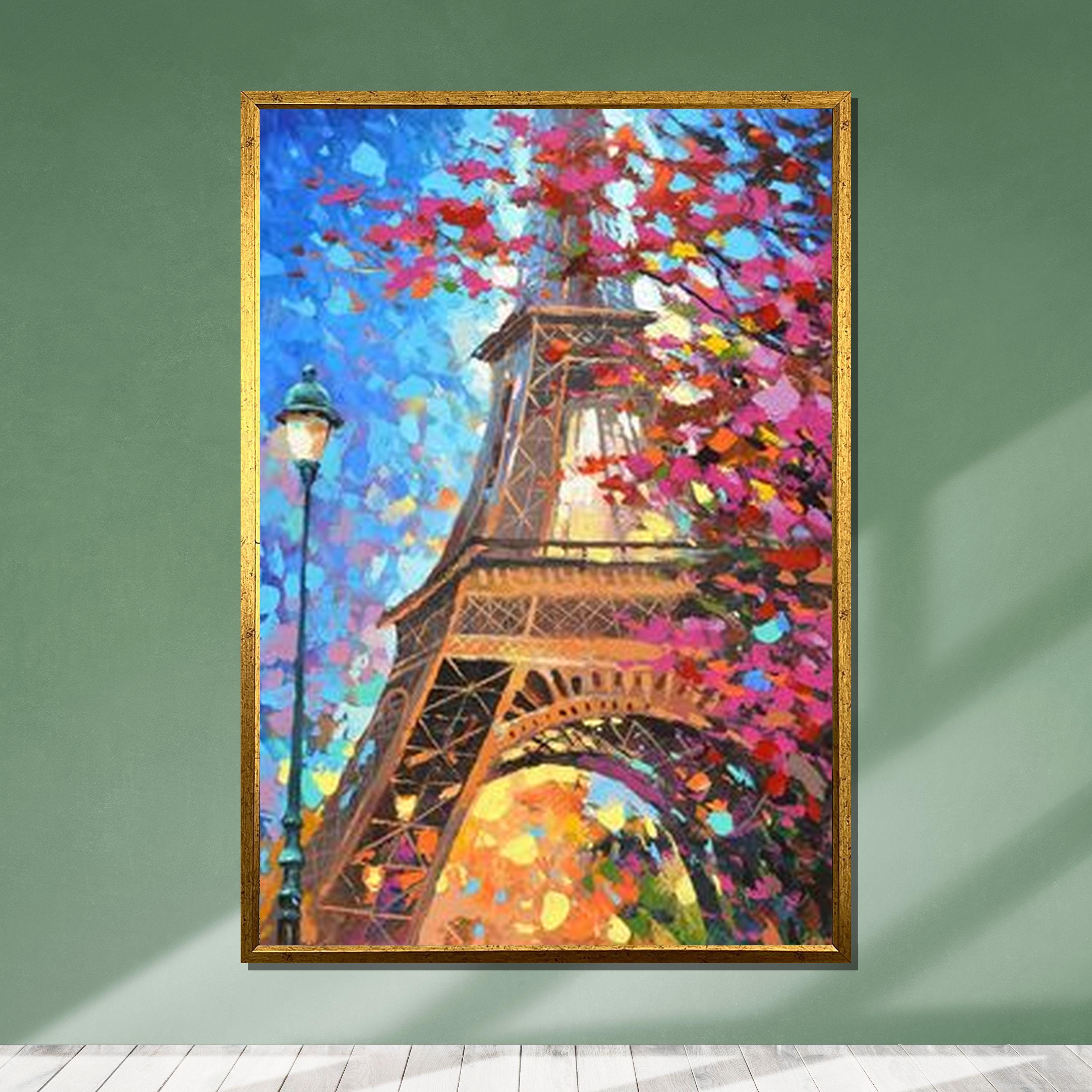 エッフェル塔の印象派アート、パリの街並みのキャンバス、カラフルな