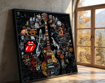 Puede incluir: Una pieza de arte mural rectangular enmarcada con un fondo negro lleno de varias ilustraciones temáticas de música rock, incluyendo una guitarra eléctrica central, un logotipo de lengua roja y blanca, y numerosos textos pequeños e iconos.
