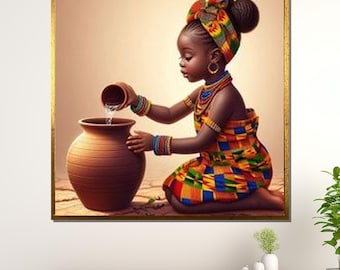 African Girl Canvas Art: Kente Cloth, Pottery Painting, Cultural Decor