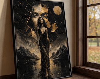 Abstract Gold Black Woman Canvas, Mystical Surreal Landscape Wall Art, Modern Decor