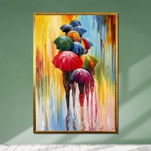 Colorful Umbrella Walk Canvas Art: Abstract Impressionist Rain Painting