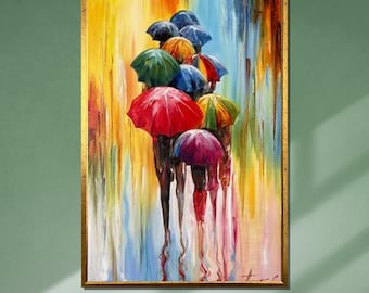Colorful Umbrella Walk Canvas Art: Abstract Impressionist Rain Painting