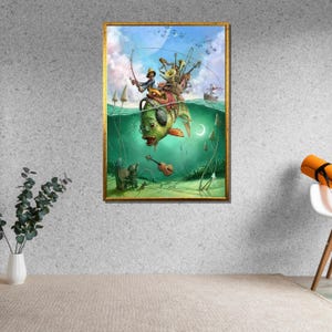 May include: A whimsical illustration of a green fish with a large ear, a musical instrument, and a person riding on top. The fish is surrounded by water and bubbles, and there are mushrooms and other plants in the background.